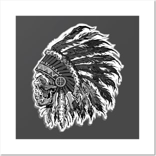 Native American Chief Skull Black and White Posters and Art